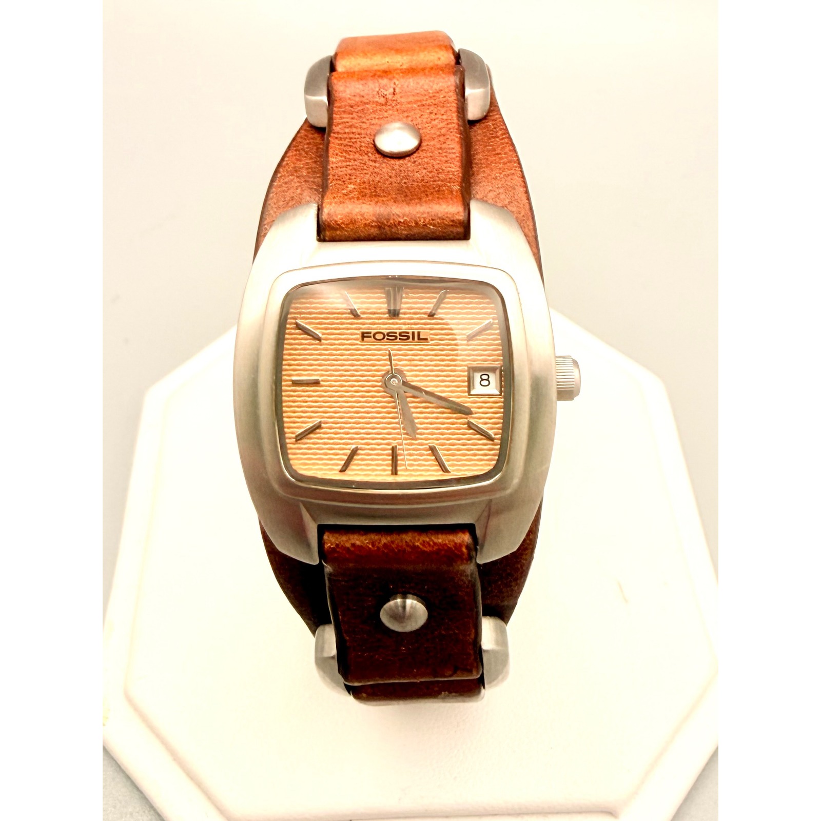 Fossil Jr8996 Brown Leather Cuff Watch Peach Dial Date Working